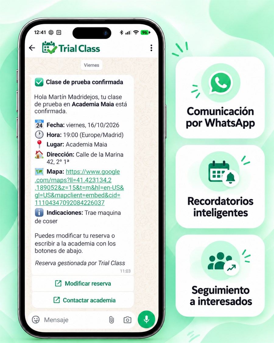 Conversación de WhatsApp con una clase de prueba confirmada y tarjetas de comunicación, recordatorios y seguimiento.